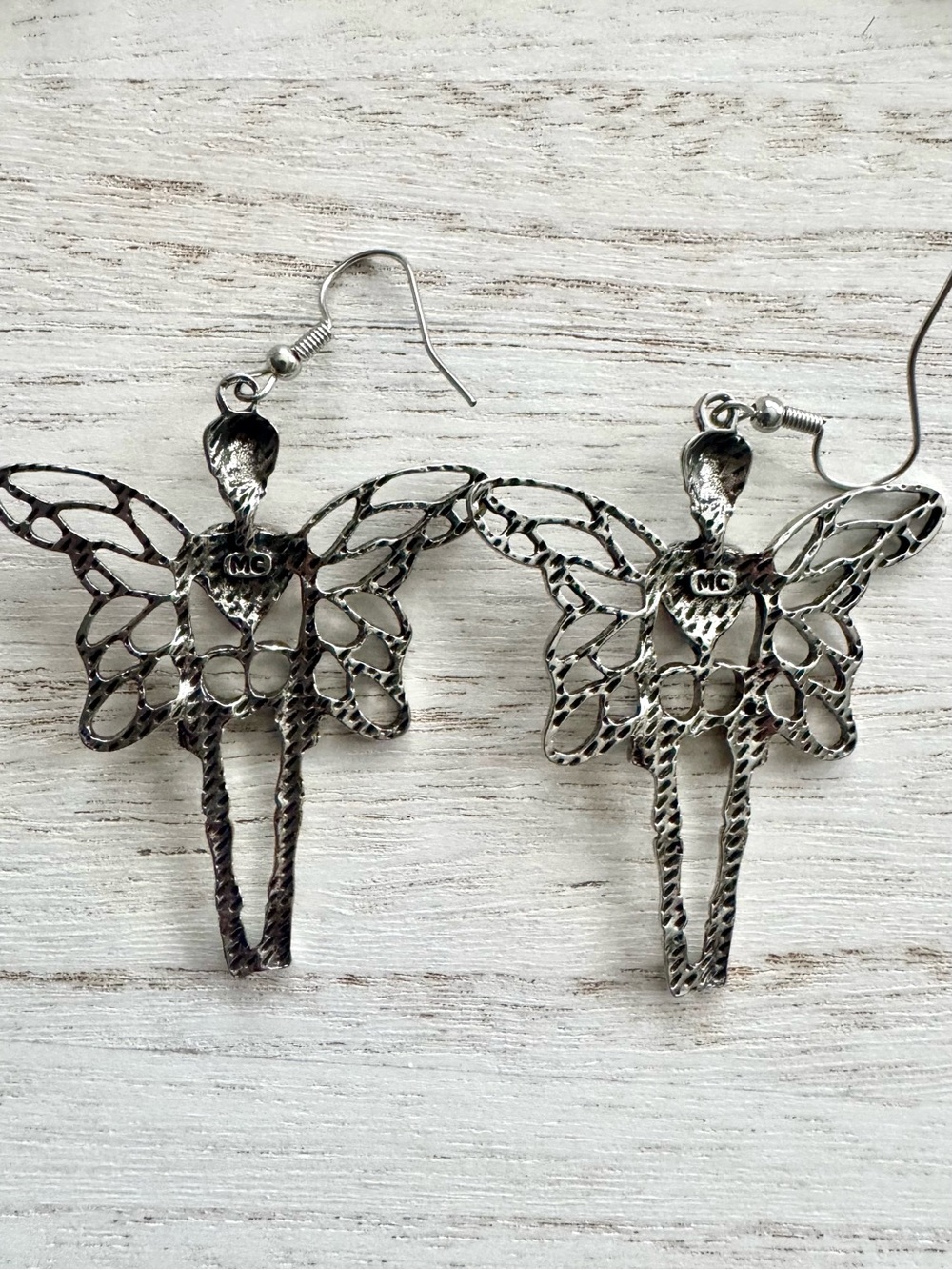 Silver Skeleton Fairy Earrings with Red Heart Gem 2” long - Picture 5 of 7